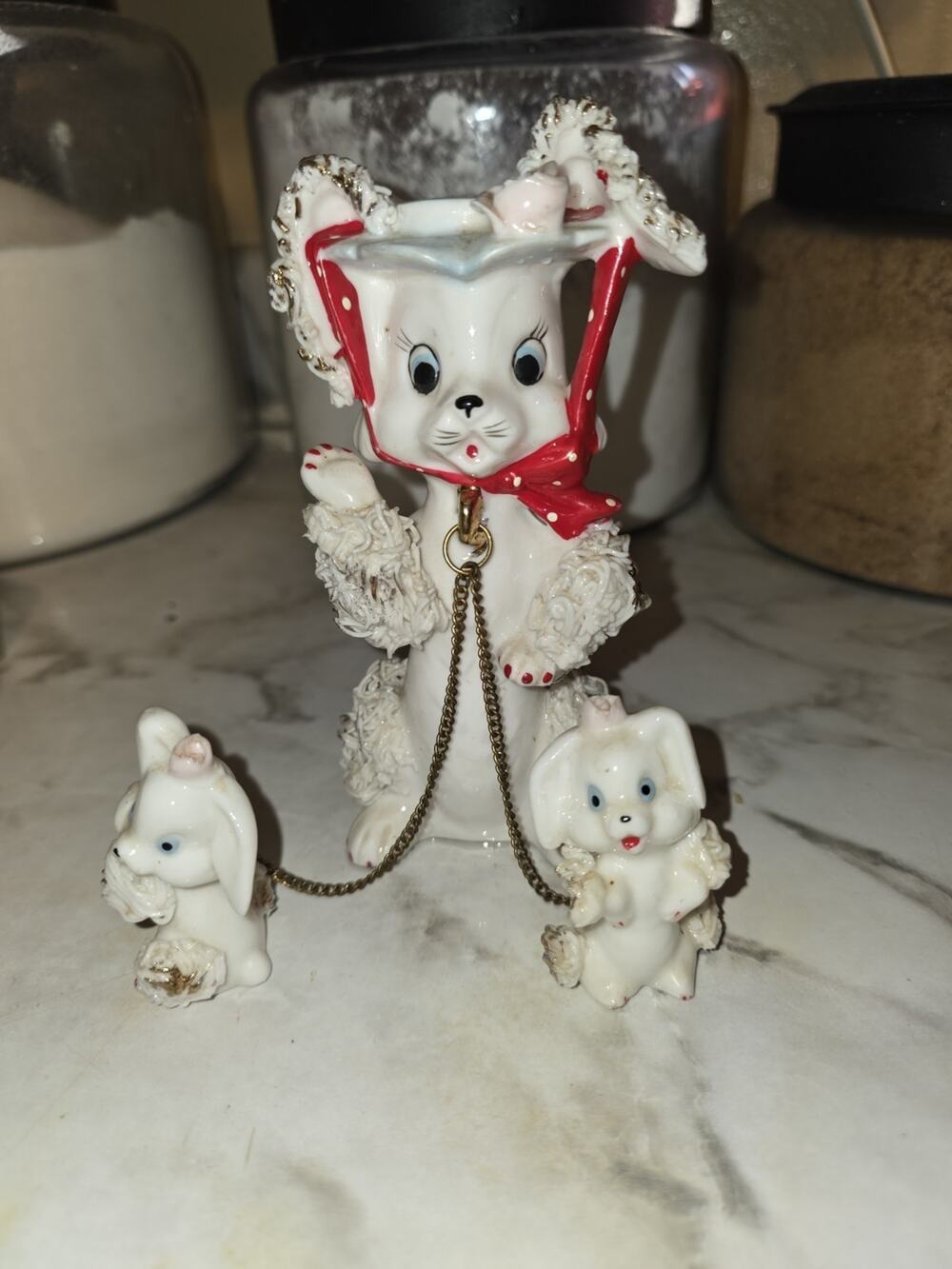 Vintage 1950s Spaghetti Bunny Rabbit Twin Babies Hat Red Bow Figurine Porcelain